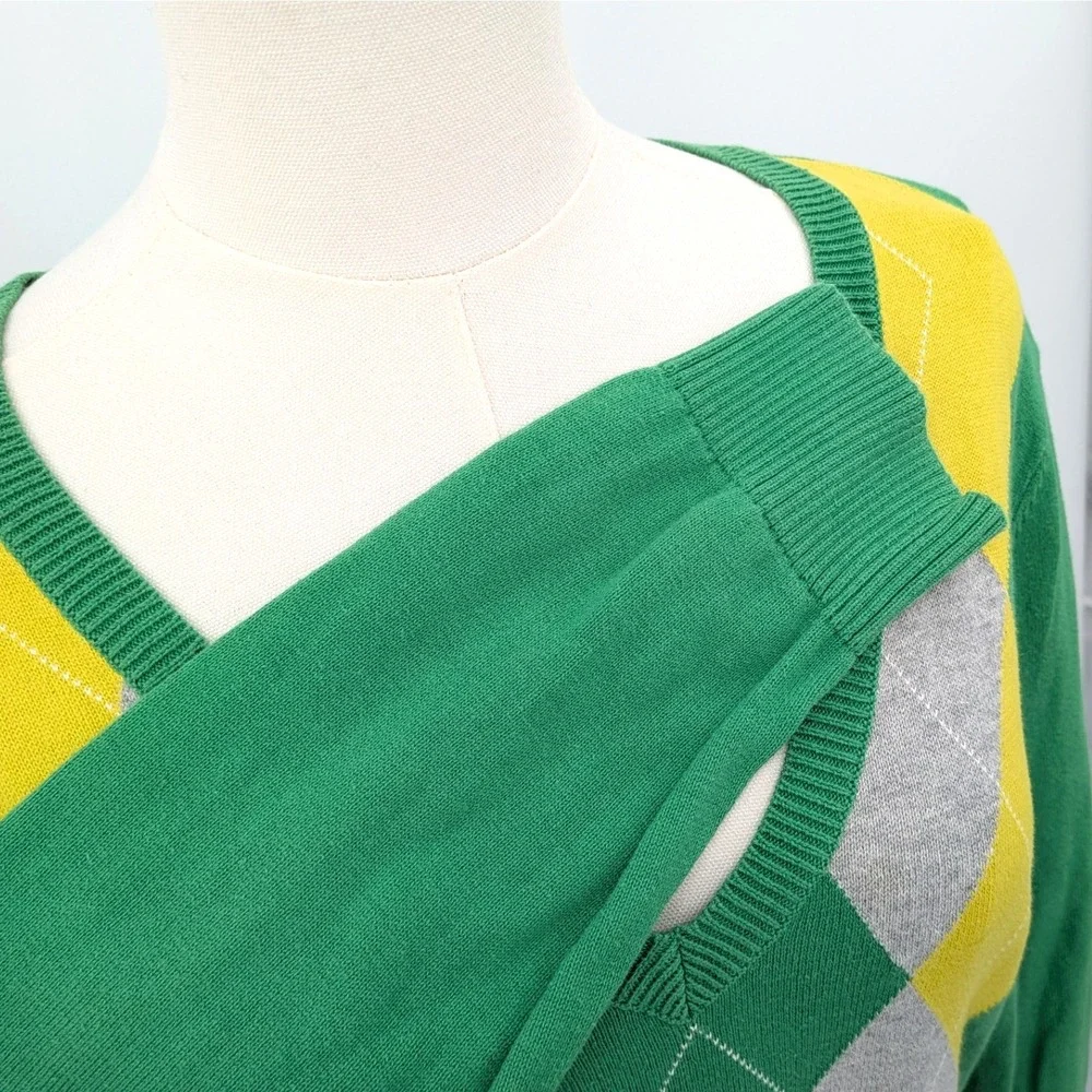 Izod Argyle‎ V-Neck Sweater Women's L Green Yellow Gray Preppy Retro Golfcore - Picture 5 of 9